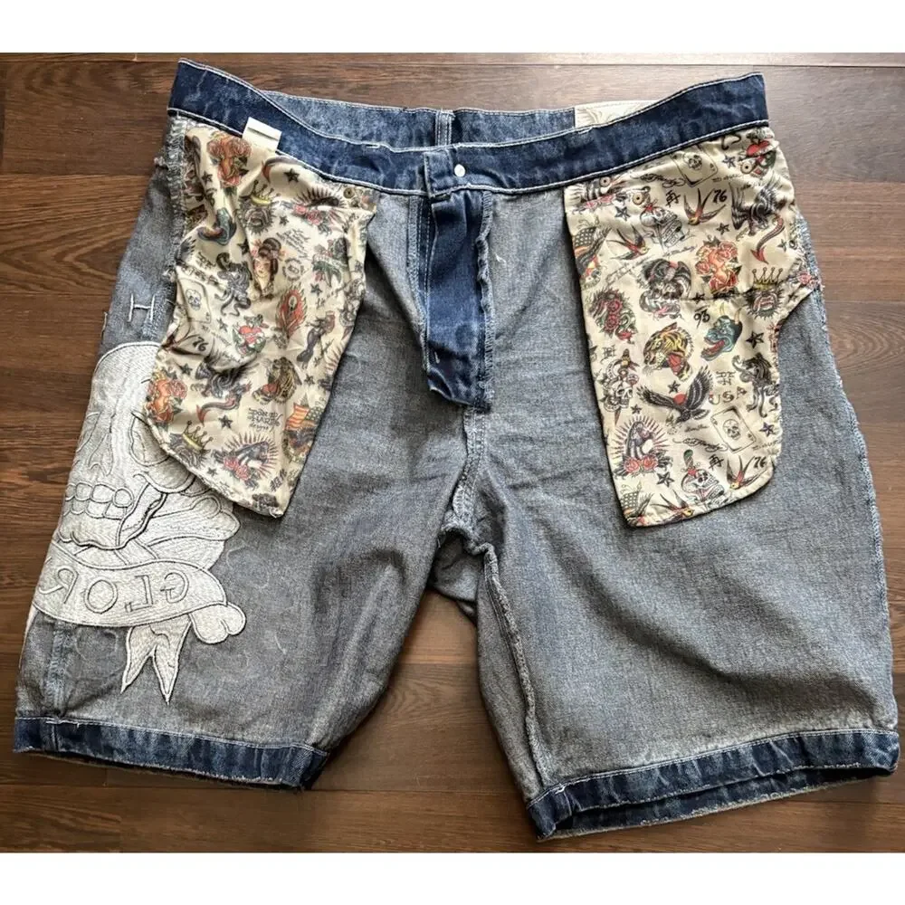 Ed Hardy Death or Glory Skull Denim Skater Shorts 36